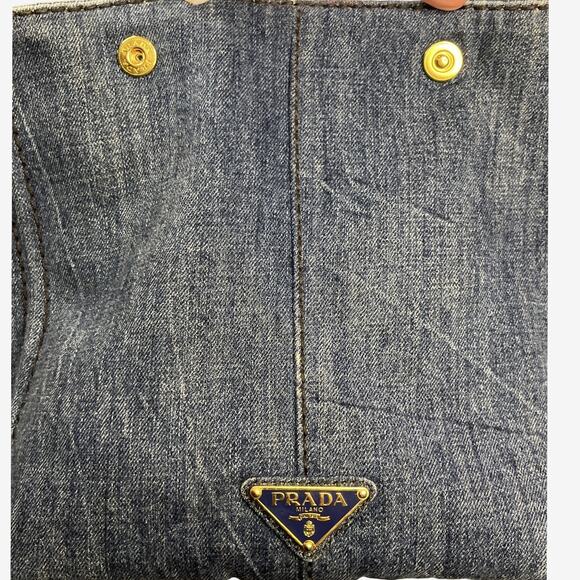 Prada Canapa Denim Logo Tote Bag Blue XL Large Top Handle Milano Italy - Picture 2 of 16
